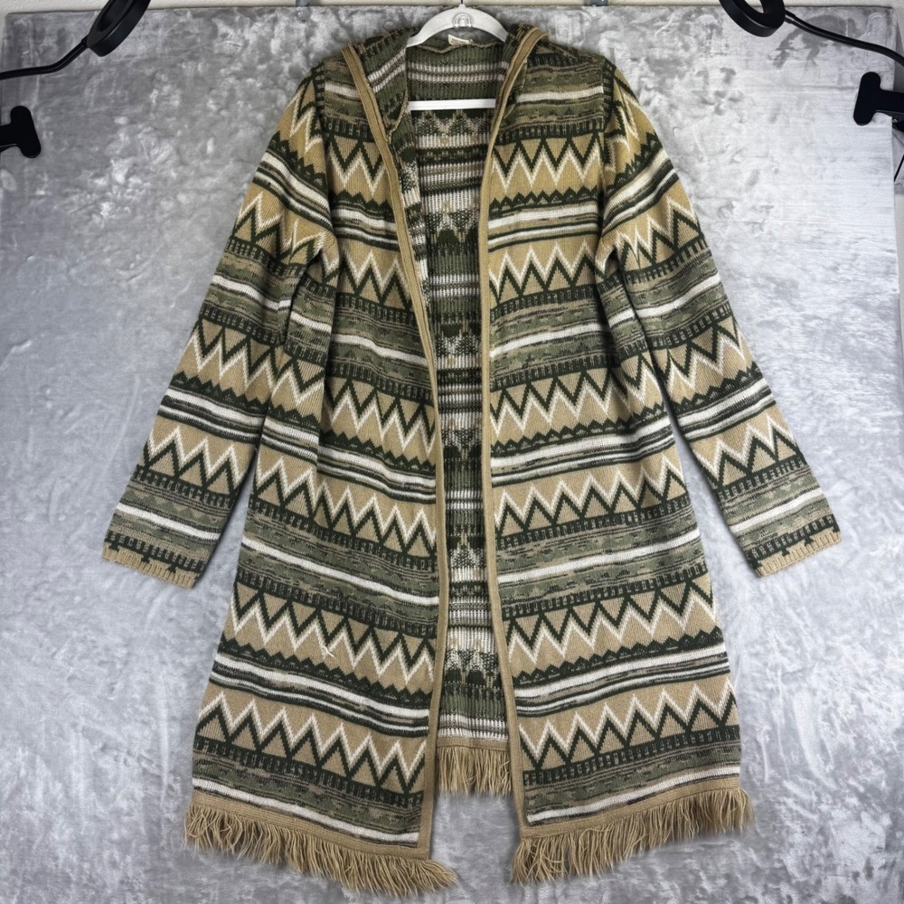 Faded Glory Cardigan Womens XXL‎ Green Geometric Fringe Hooded FGL47308PR (1613)